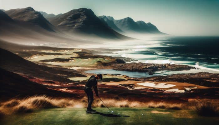 How to Avoid Common Golf Mistakes: A golfer on a South African coastal course perfecting a balanced grip, enhancing control and power.
