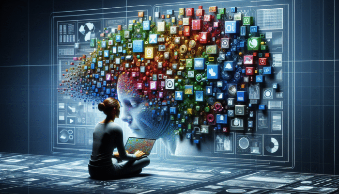 A person organising a vibrant collage of articles, images, and videos on a digital board, symbolising content curation.