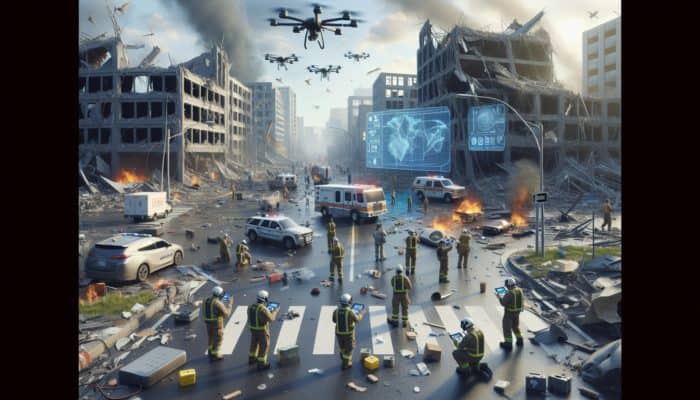 Post-Disaster Navigation: Emergency responders using drones and GPS to navigate and map safe routes in a debris-strewn post-disaster area.
