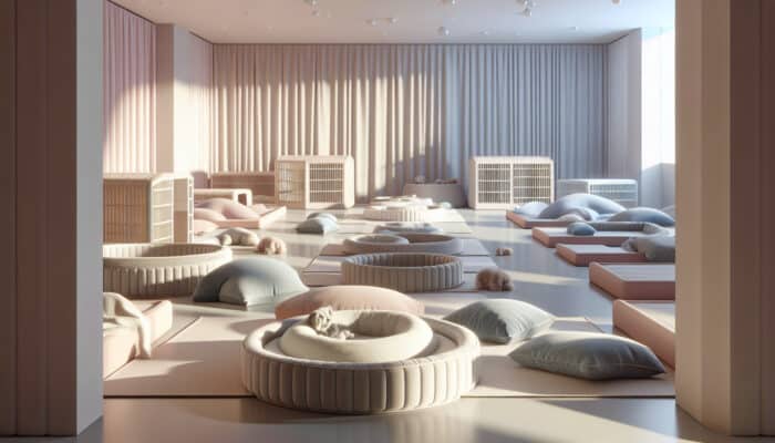 A serene room for senior pets with comfortable beds and calming colours, promoting peace and emotional comfort.