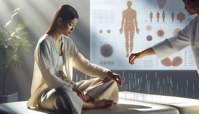 A tranquil individual in loose, comfortable clothing during an acupuncture session with needles on accessible points.