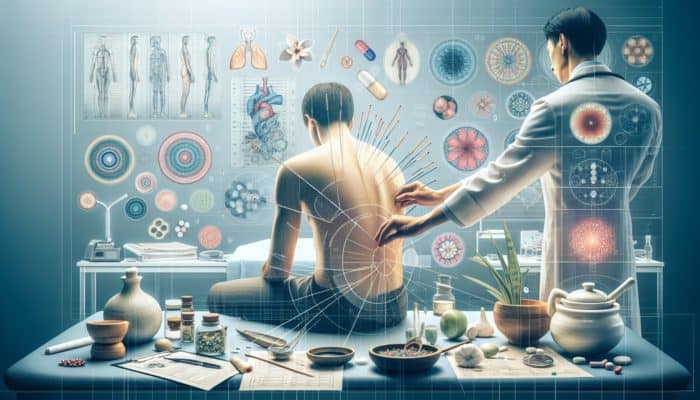 A tranquil UK clinic seamlessly blending Eastern and Western healing practices through acupuncture treatment.