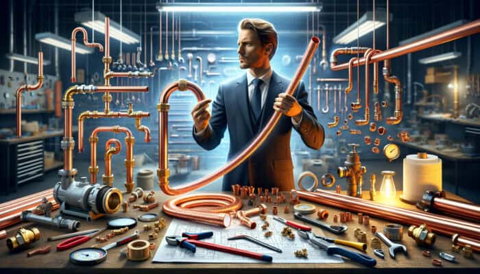 A plumber compares flexible PEX and durable copper pipes in a well-lit workshop with various plumbing tools.