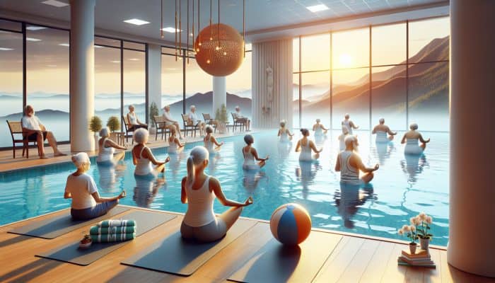 Retirees smiling in a pool doing water aerobics and practicing chair yoga in a studio.