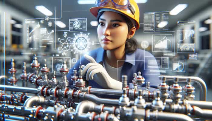A gas line technician working on a pipeline system in a training facility, surrounded by educational resources.
