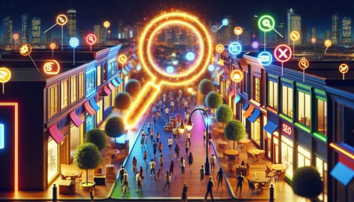 E-commerce SEO in Wellington for Small Business: A vibrant digital marketplace showcasing UK small business storefronts, enhanced by SEO elements, attracting online shoppers.