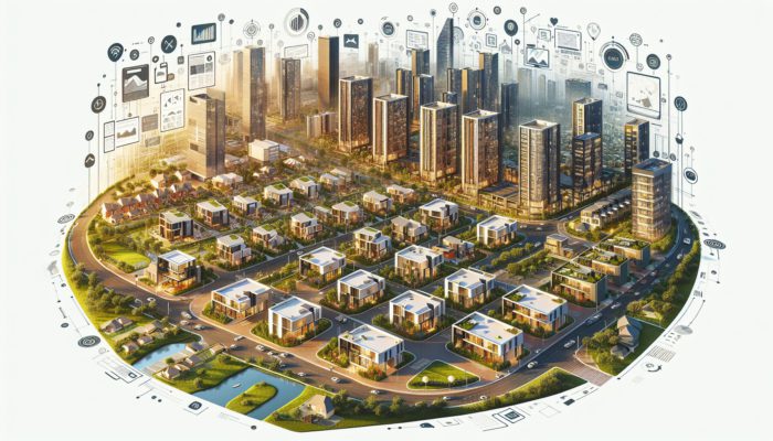 Aerial view of modern entry-level homes near public transport in Mthatha, surrounded by greenery.