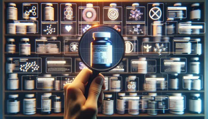 A person using a magnifying glass to examine a supplement label, focusing on ingredients and certifications.