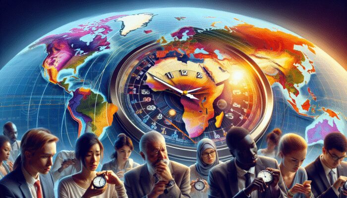World map illustrating time zones with clocks changing for Daylight Saving Time, confused travellers checking watches.