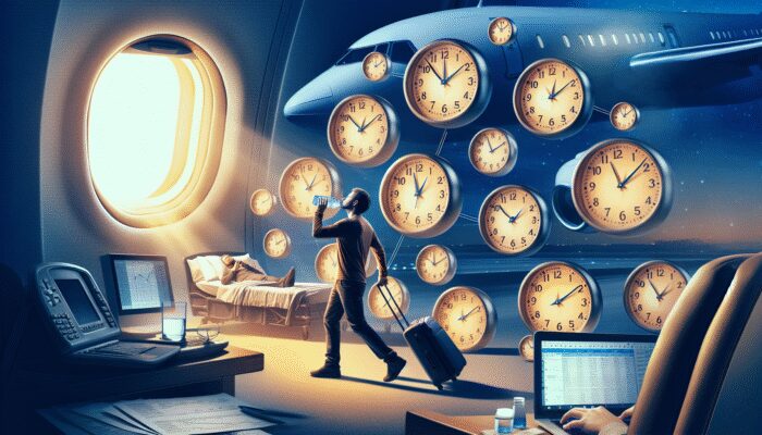 A traveller adapting to a new time zone, adjusting sleep schedule, staying hydrated, with clocks showing different times.