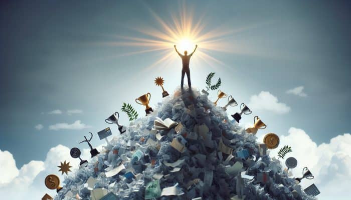 Person triumphantly atop shredded debt papers, symbolising financial freedom and hope.