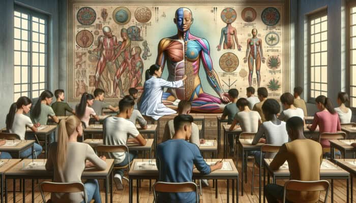 Students engaged in a classroom setting learning acupuncture, surrounded by anatomy charts and a mentor demonstrating techniques on a model.