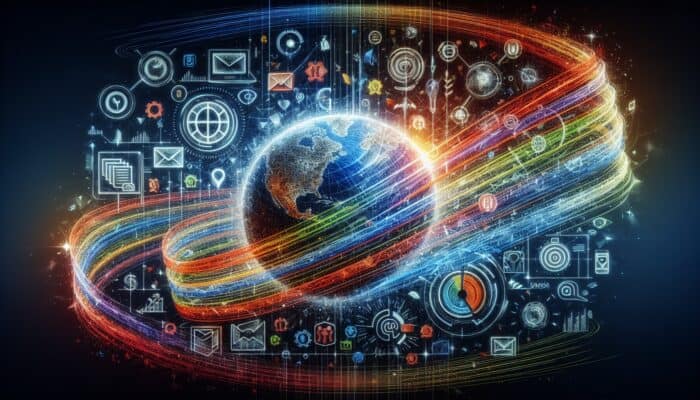 Strategies for Optimizing Email Open Rates: An email interface showcasing vibrant action verb subject lines like "Discover," "Unlock," and "Boost," accompanied by global and seasonal icons.