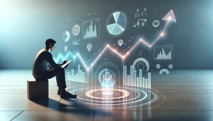 Tools to Monitor Your Credit During Consolidation: UK Focus | DCL Person monitoring credit score on device, surrounded by financial charts, focusing on consolidation phase report.