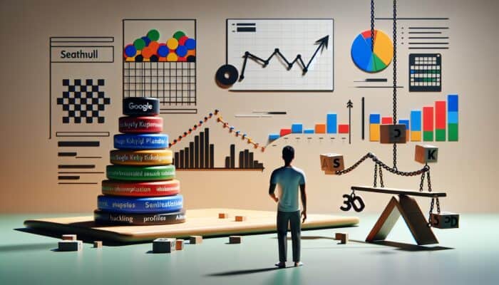 Digital workspace showing Google Keyword Planner, SEMrush, and Ahrefs interfaces with keyword data and user analysing.