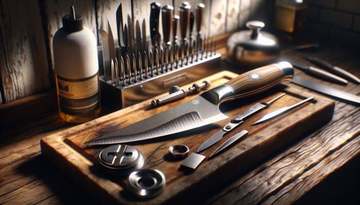 A well-maintained chef's knife on a wooden board with sharpening tools and oil in a rustic kitchen.