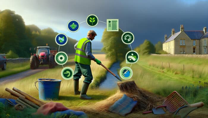 A professional in a green vest utilizing sustainable tools to clear land, accompanied by legal documents and eco-friendly signage.