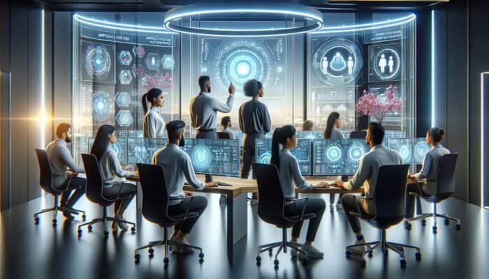 Diverse team of human virtual analysts in tech office, analysing data showing decreased churn and increased satisfaction.