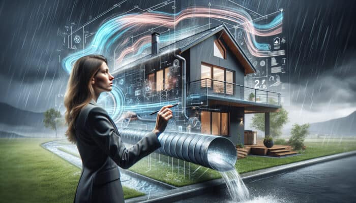 An expert using simulations to analyze and enhance a downspout system in Vancouver during a storm.