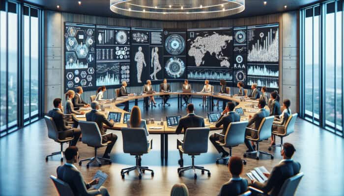 Professionals discussing regulatory documents in a conference room with charts and digital screens showing clinical trial data and safety standards.