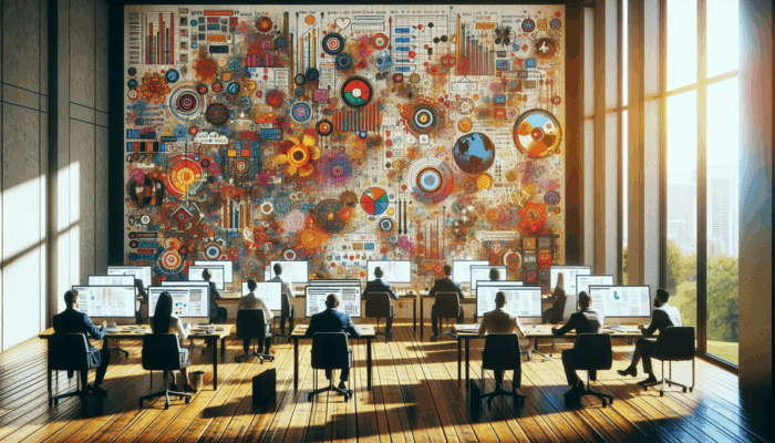 Cozy office in Chard with small business owners and web development experts, modern computers, colourful web design posters.