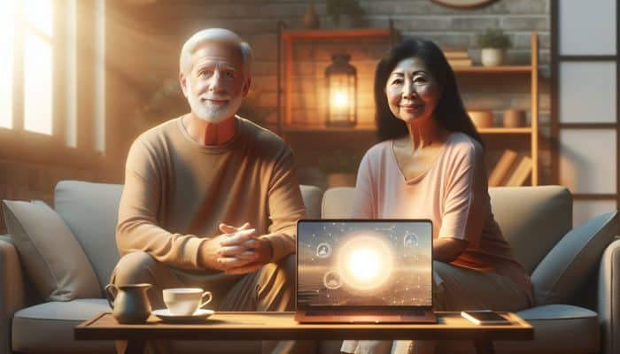 Elderly couple receiving virtual mental health support from NHS therapist on laptop in cozy room.