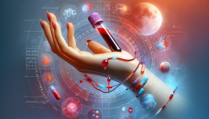 A woman's hand holding a blood test vial, with a calendar and hormonal cycle chart in the background, illustrating the impact of timing on fertility test accuracy.