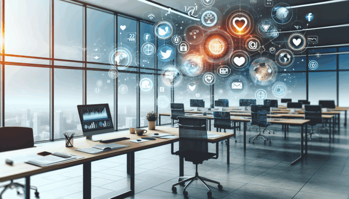 A vibrant digital workspace in Kingswood with social media icons, charts, and graphs, symbolising expert management.