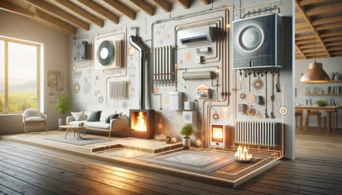 Diagram of radiant floor, forced-air furnace, heat pump, and boiler in a modern home.