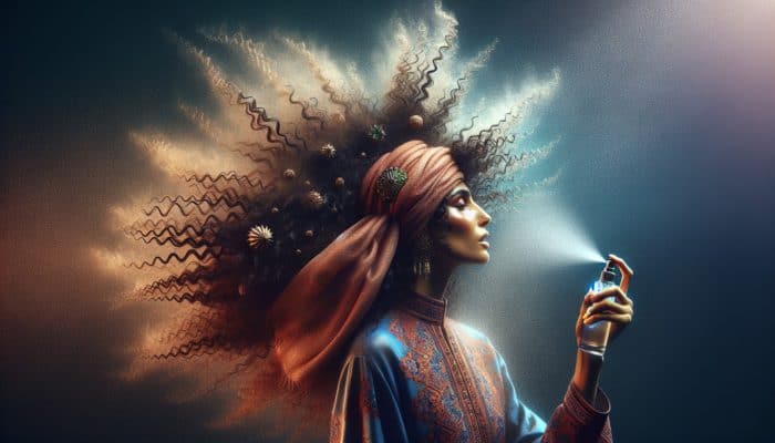 Individual with curly hair applying anti-frizz serum in humid conditions to maintain a sleek appearance.