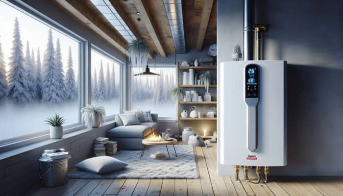 Tankless Water Heaters Services in Chilliwack: A modern tankless water heater with smart controls in a cozy Canadian basement, showing a snowy winter landscape through frosted windows.