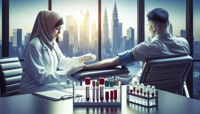 A phlebotomist in a white coat draws blood for a ferritin test in a modern Birmingham clinic, with syringes, test tubes, and skyline visible.