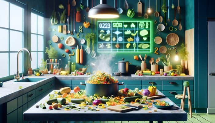A vibrant kitchen scene showcasing vegetable peels transformed into nutritious stock, illustrating eco-friendly upcycling practices.