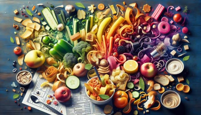 A lively kitchen scene featuring food scraps transformed into delectable upcycled dishes.