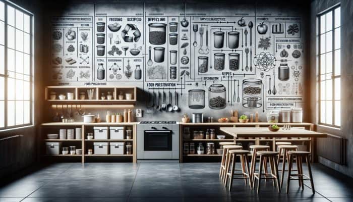 A kitchen scene featuring food scrap storage, upcycling recipes, and preservation methods like freezing, dehydrating, fermenting.