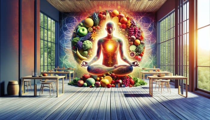 Nutrition for Yoga Practitioners: A yoga practitioner in a sunlit studio with fruits, vegetables, and lush greenery, symbolizing holistic wellness.