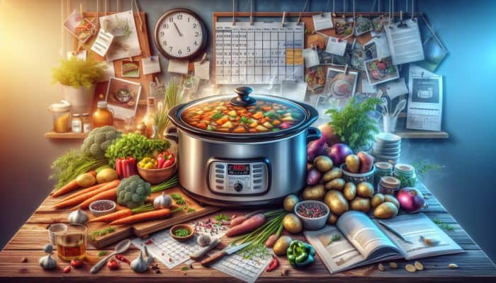 A slow cooker with a simmering stew, surrounded by fresh ingredients, in a busy kitchen.