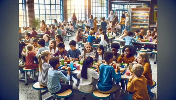 Diverse schoolchildren enjoying a safe, nut-free lunch in a vibrant cafeteria, promoting inclusion and empathy.