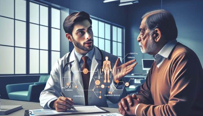A compassionate doctor in a modern Hastings clinic explains cortisol test results to a concerned patient, pointing to a chart of NHS hormone levels and indicators.
