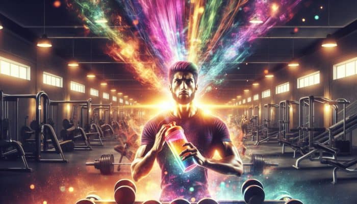 Choosing the Right Pre-Workout Supplement: A determined athlete mixes colorful pre-workout powder in a shaker bottle in a vibrant gym, surrounded by weights and machines, radiating energy and focus.