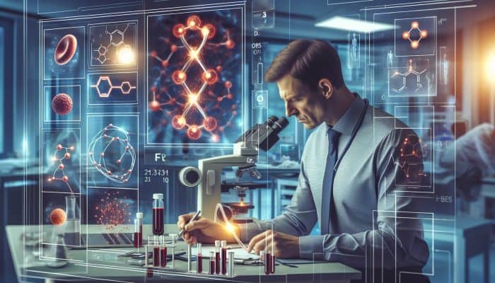Ferritin Blood Test in Bedford: A focused doctor in a modern Bedford clinic draws blood for a ferritin test, surrounded by lab equipment, iron diagrams, and anemia charts.