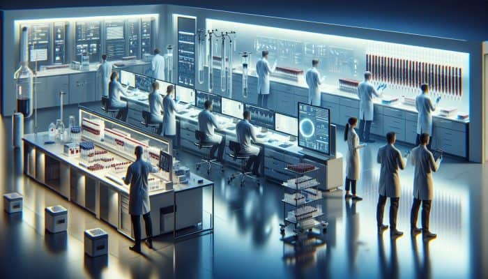 Skilled technicians in a modern Bedford lab performing ferritin blood tests with varied vials and equipment, following UK guidelines.