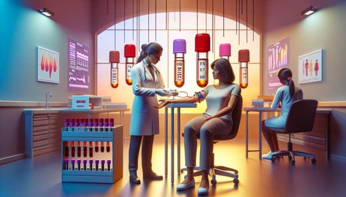 Menopause Blood Test in Harrow: In a serene Harrow lab, middle-aged women undergo menopause blood tests; technician draws blood into FSH and Oestradiol vials amid hormone charts.