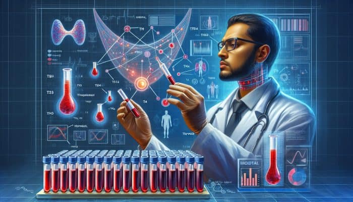 What Tests Diagnose Thyroid Issues?: A focused technician in a white coat examines blood vials labelled TSH, T4, and T3 in a modern NHS lab, surrounded by digital thyroid diagrams.