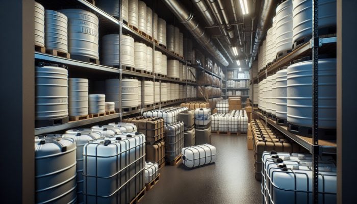 A well-organized basement with stacked food-grade plastic and stainless steel water containers in various sizes for emergency storage.
