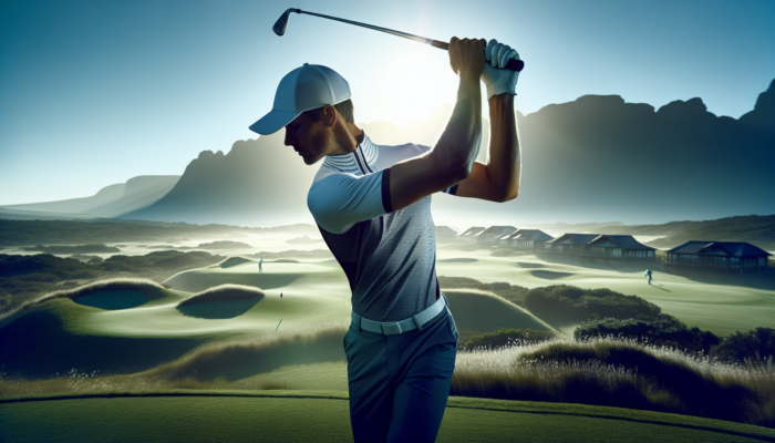 A golfer in South Africa wearing a stylish, breathable golf shirt, swinging on a sunny course.