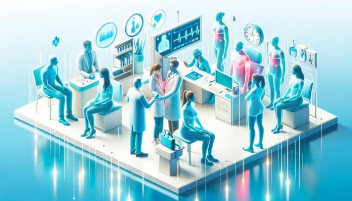 The Vital Importance of Preventive Health Checks: A vibrant NHS clinic scene showcasing diverse individuals receiving preventive health checks from smiling professionals using advanced tools, promoting early disease detection and overall well-being.