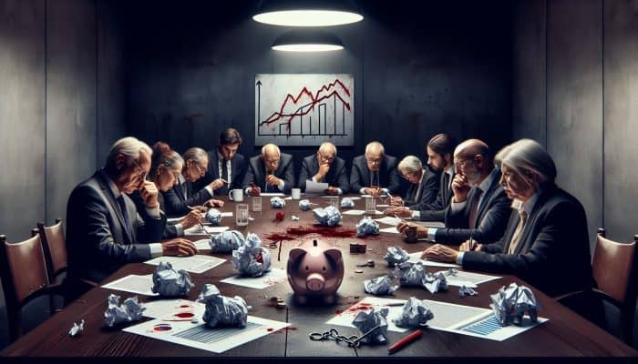 Financial experts in a dimly lit boardroom analyze crumpled debt reports and graphs, with shattered piggy banks and broken chains symbolizing failed consolidation lessons.