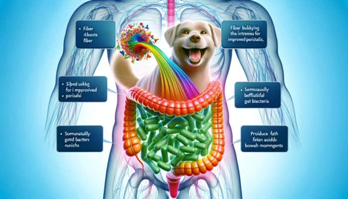 Cross-section of a happy dog's digestive system illustrating fibres bulking intestines and nourishing gut bacteria for enhanced vitality.