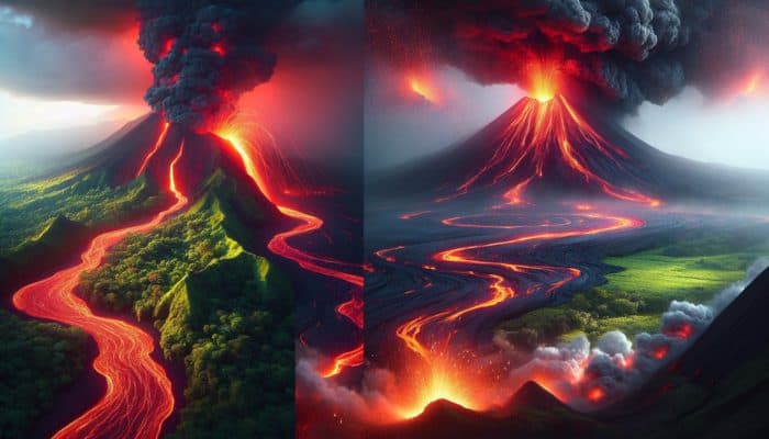 Volcanic landscape contrasting Kilauea's glowing red lava flows on green slopes with Mount Pinatubo's explosive ash plumes in a stormy sky.